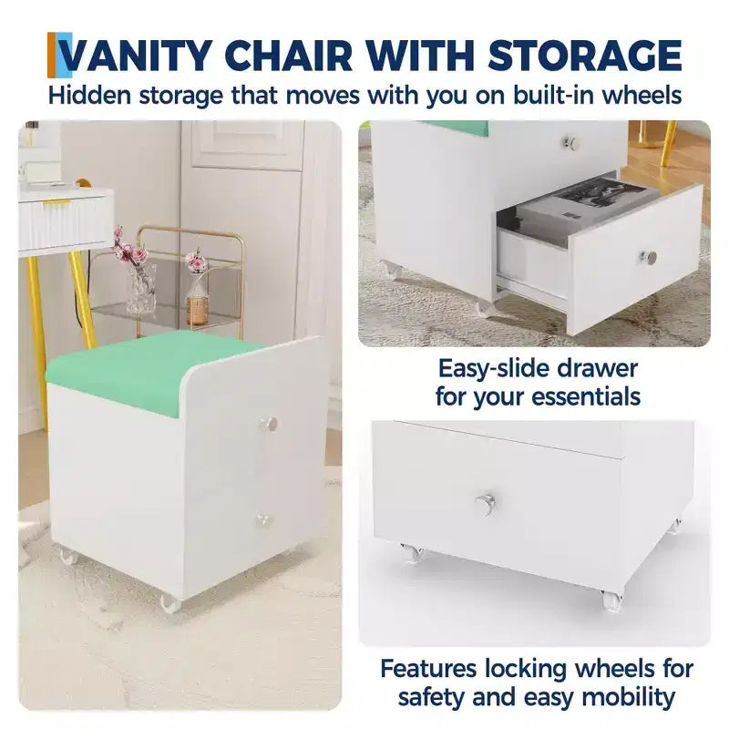 Acekool Vanity Stool Chair with Storage Drawer, 17.32x15.16x17.32 PU Ottoman with Lockable Wheels, Modern Makeup Seat for Bedroom