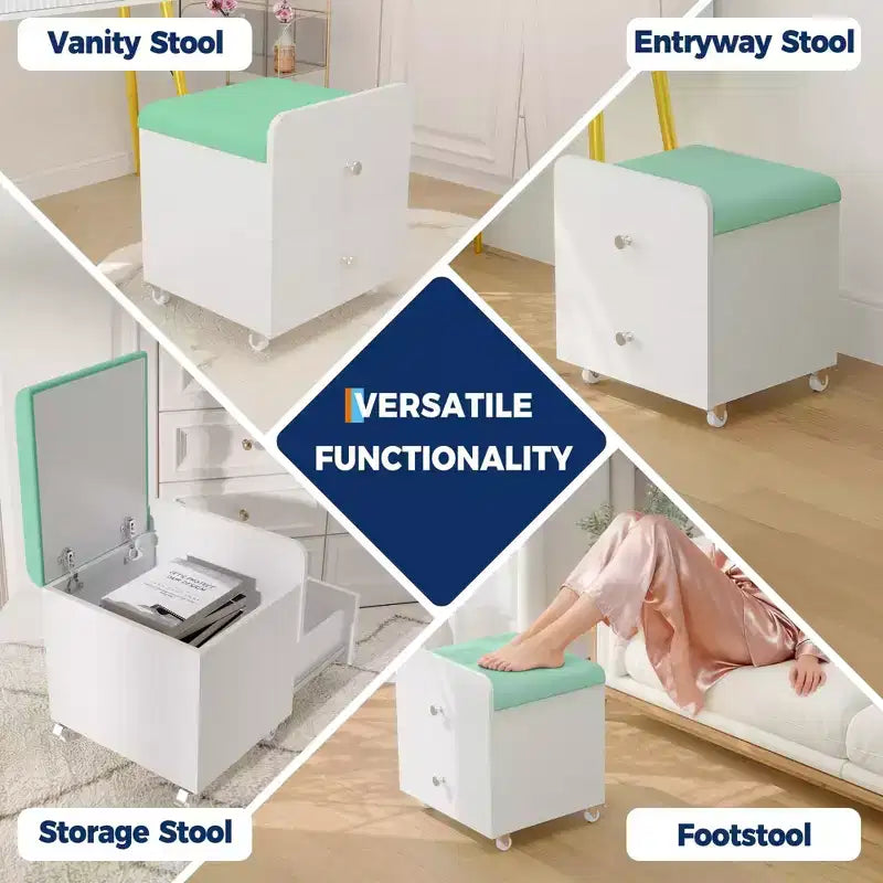Acekool Vanity Stool Chair with Storage Drawer, 17.32x15.16x17.32 PU Ottoman with Lockable Wheels, Modern Makeup Seat for Bedroom