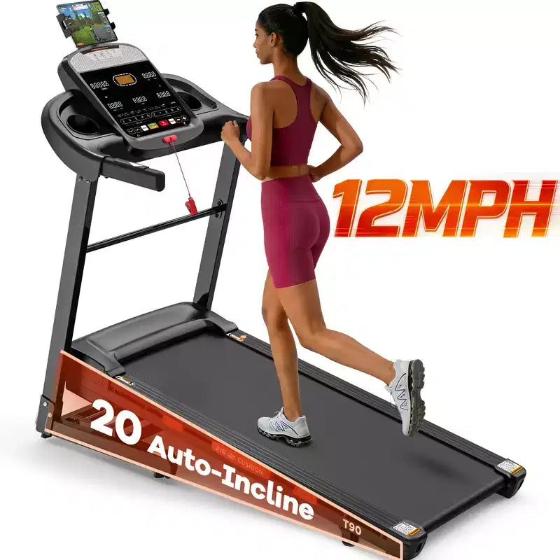 Foldable Treadmill with 20-Level Auto Incline, 12 MPH Speed, APP Control, 400 LBS Capacity, Soft-Drop Design