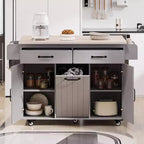 Kitchen Island Cart with Trash Can Storage, Drop-Leaf Counter, Drawer, Spice & Towel Racks, Adjustable Shelf, Rolling Kitchen Cart on Wheels, White