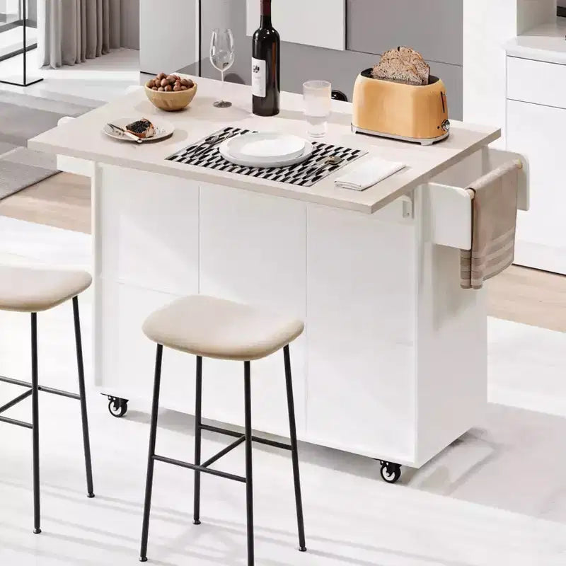 Kitchen Island Cart with Trash Can Storage, Drop-Leaf Counter, Drawer, Spice & Towel Racks, Adjustable Shelf, Rolling Kitchen Cart on Wheels, White