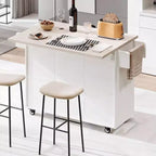 Kitchen Island Cart with Trash Can Storage, Drop-Leaf Counter, Drawer, Spice & Towel Racks, Adjustable Shelf, Rolling Kitchen Cart on Wheels, White