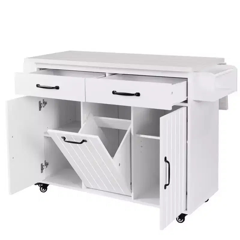 Kitchen Island Cart with Trash Can Storage, Drop-Leaf Counter, Drawer, Spice & Towel Racks, Adjustable Shelf, Rolling Kitchen Cart on Wheels, White