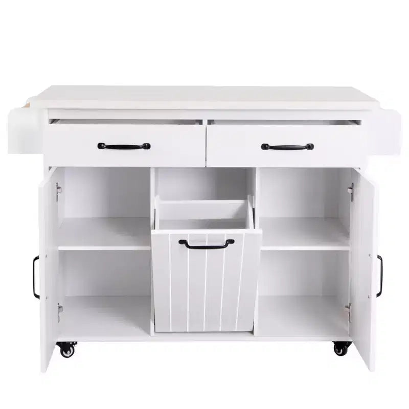 Kitchen Island Cart with Trash Can Storage, Drop-Leaf Counter, Drawer, Spice & Towel Racks, Adjustable Shelf, Rolling Kitchen Cart on Wheels, White