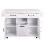 Kitchen Island Cart with Trash Can Storage, Drop-Leaf Counter, Drawer, Spice & Towel Racks, Adjustable Shelf, Rolling Kitchen Cart on Wheels, White