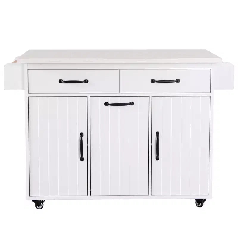 Kitchen Island Cart with Trash Can Storage, Drop-Leaf Counter, Drawer, Spice & Towel Racks, Adjustable Shelf, Rolling Kitchen Cart on Wheels, White