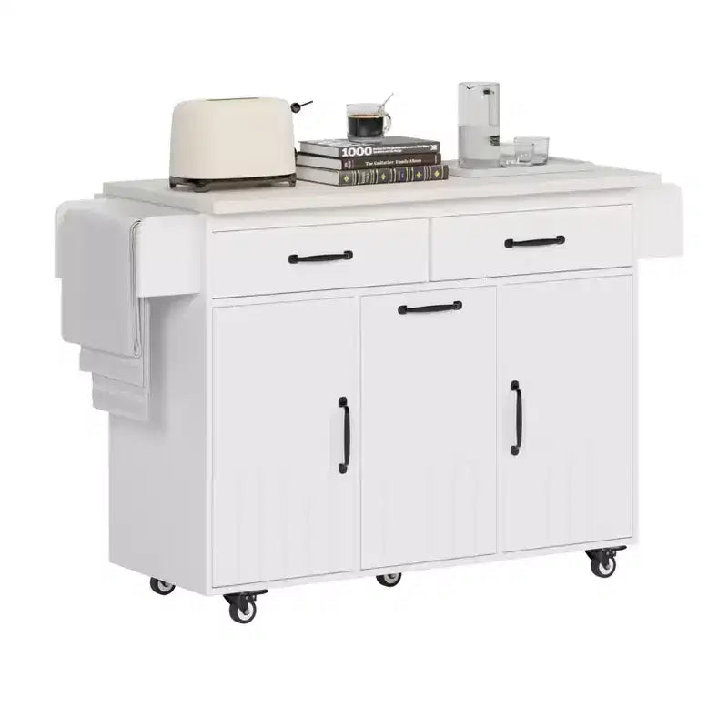 Kitchen Island Cart with Trash Can Storage, Drop-Leaf Counter, Drawer, Spice & Towel Racks, Adjustable Shelf, Rolling Kitchen Cart on Wheels, White