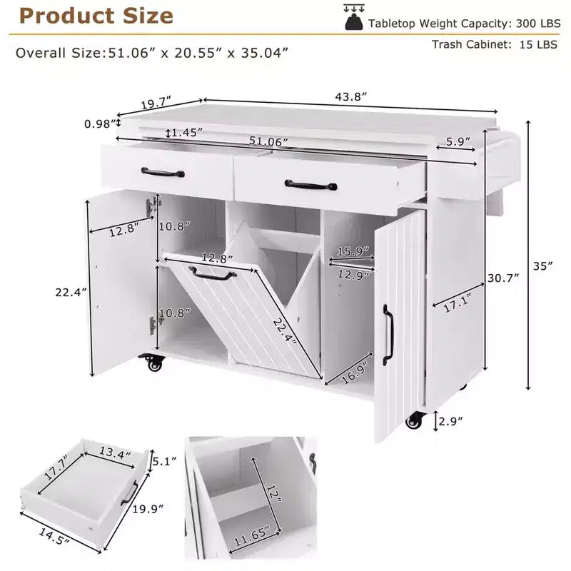 Kitchen Island Cart with Trash Can Storage, Drop-Leaf Counter, Drawer, Spice & Towel Racks, Adjustable Shelf, Rolling Kitchen Cart on Wheels, White