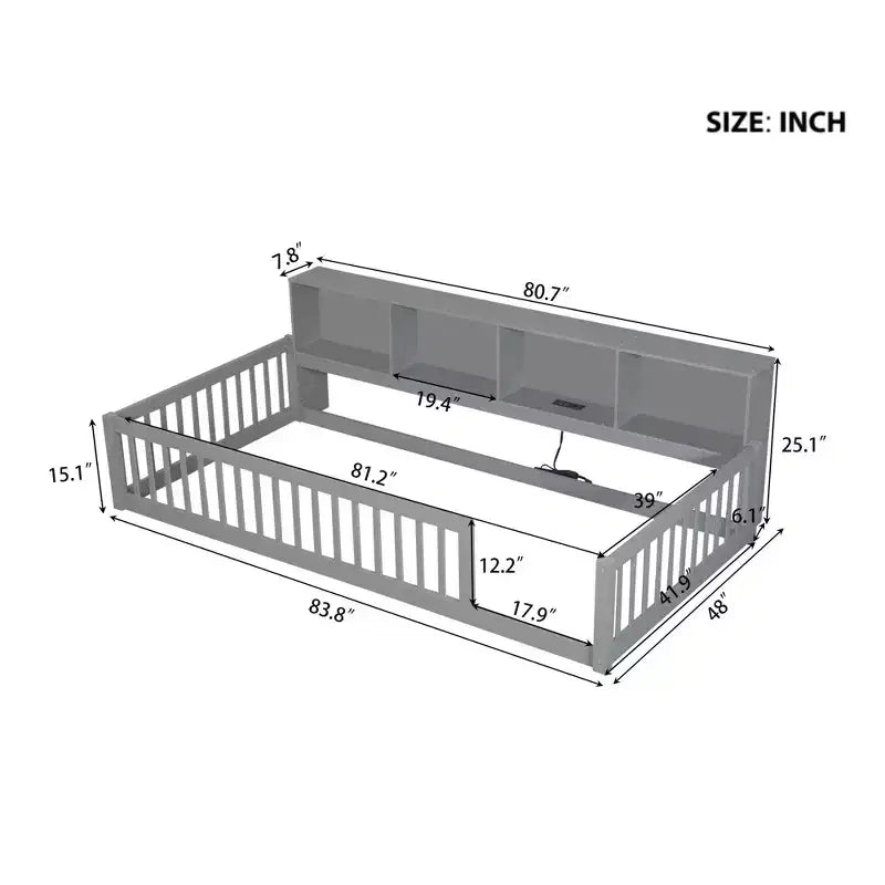 Okak Modern Twin Size Montessori Floor Beds with Storage Cabinets & USB Ports,Wooden Platform Bed for Kids Room,Bedroom