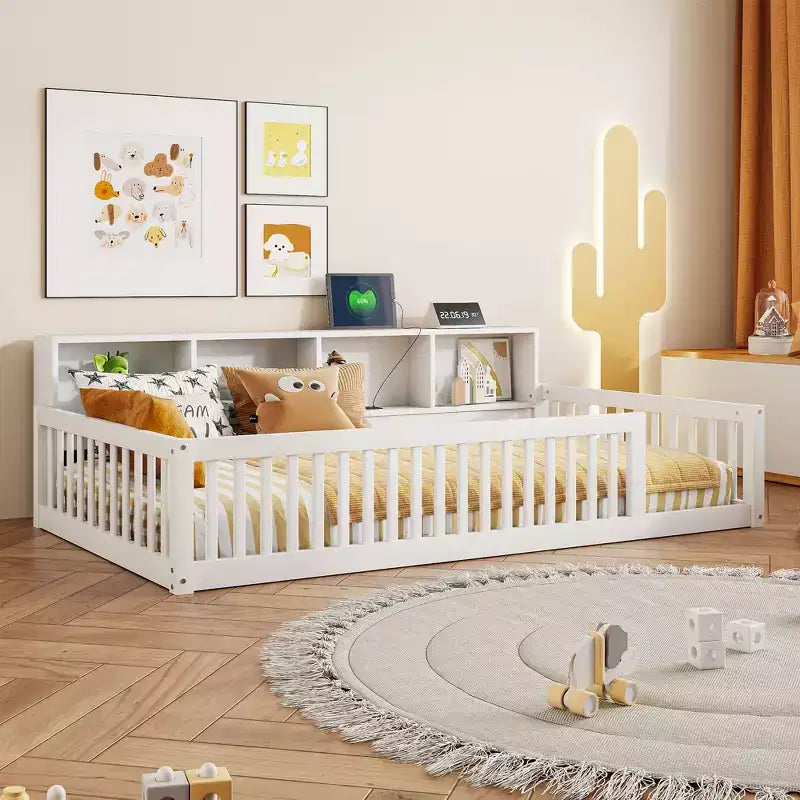Okak Modern Twin Size Montessori Floor Beds with Storage Cabinets & USB Ports,Wooden Platform Bed for Kids Room,Bedroom