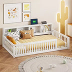 Okak Modern Twin Size Montessori Floor Beds with Storage Cabinets & USB Ports,Wooden Platform Bed for Kids Room,Bedroom