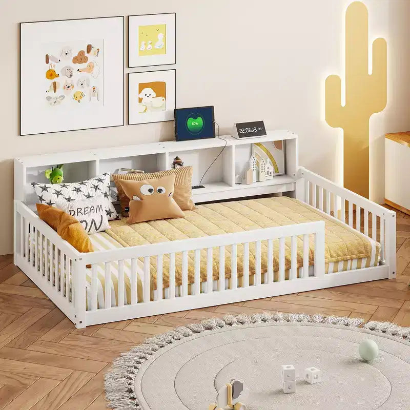 Okak Modern Twin Size Montessori Floor Beds with Storage Cabinets & USB Ports,Wooden Platform Bed for Kids Room,Bedroom