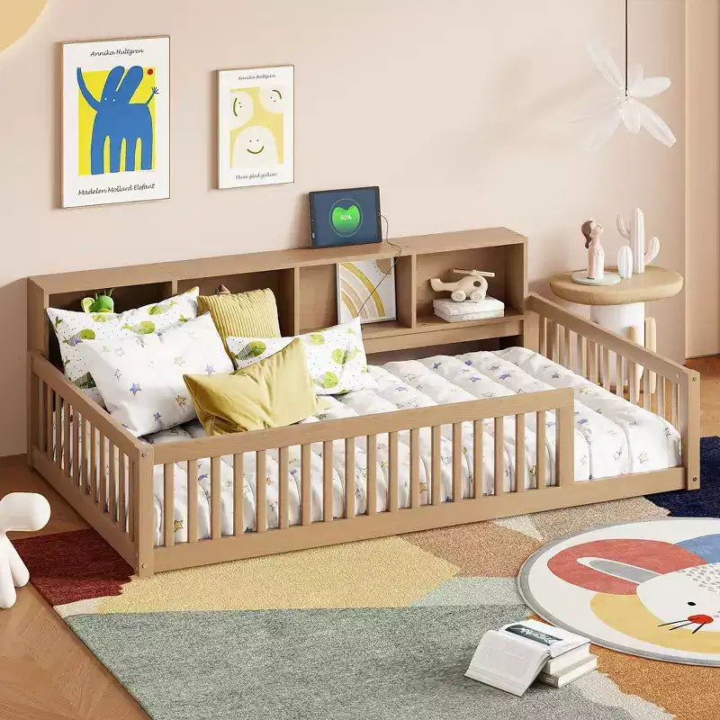 Okak Modern Twin Size Montessori Floor Beds with Storage Cabinets & USB Ports,Wooden Platform Bed for Kids Room,Bedroom