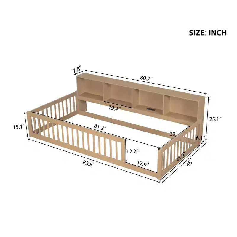 Okak Modern Twin Size Montessori Floor Beds with Storage Cabinets & USB Ports,Wooden Platform Bed for Kids Room,Bedroom