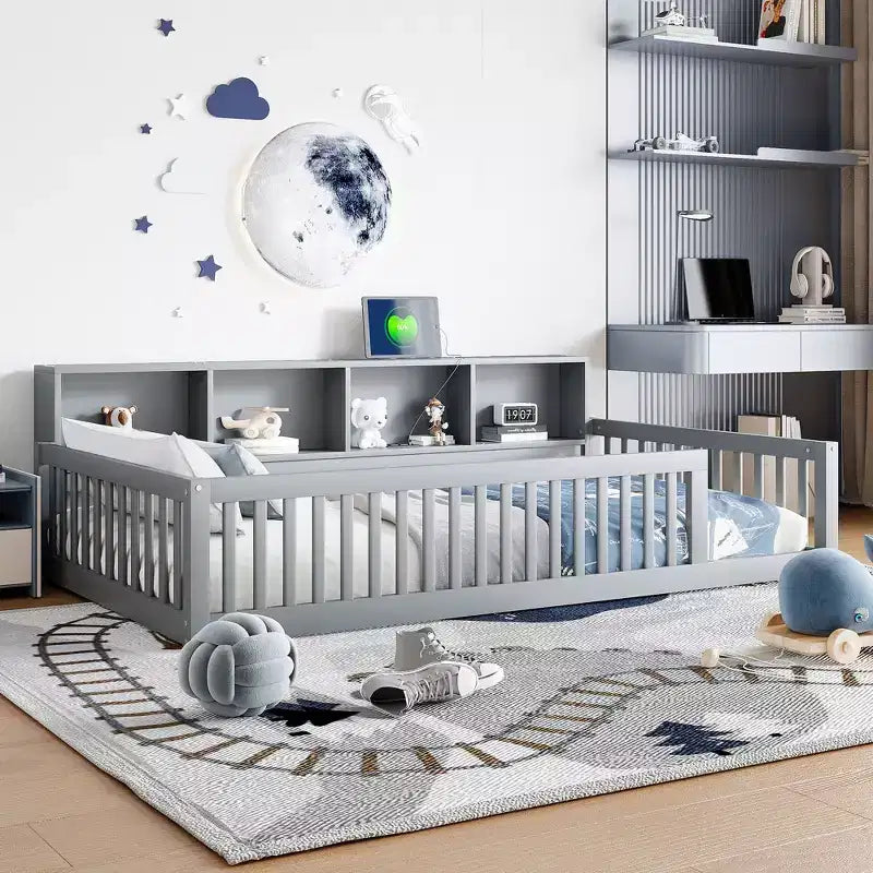 Okak Modern Twin Size Montessori Floor Beds with Storage Cabinets & USB Ports,Wooden Platform Bed for Kids Room,Bedroom