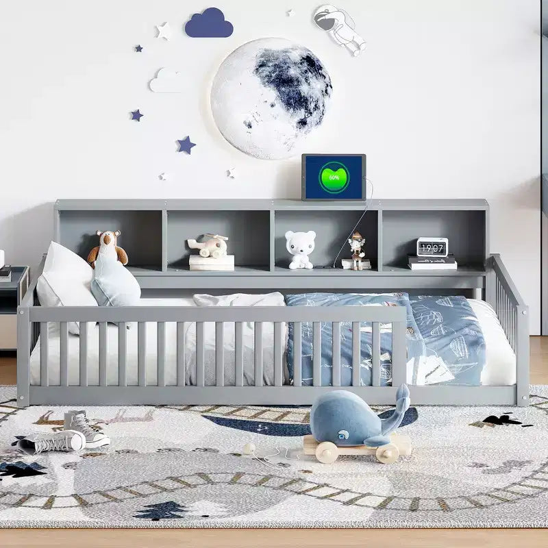Okak Modern Twin Size Montessori Floor Beds with Storage Cabinets & USB Ports,Wooden Platform Bed for Kids Room,Bedroom