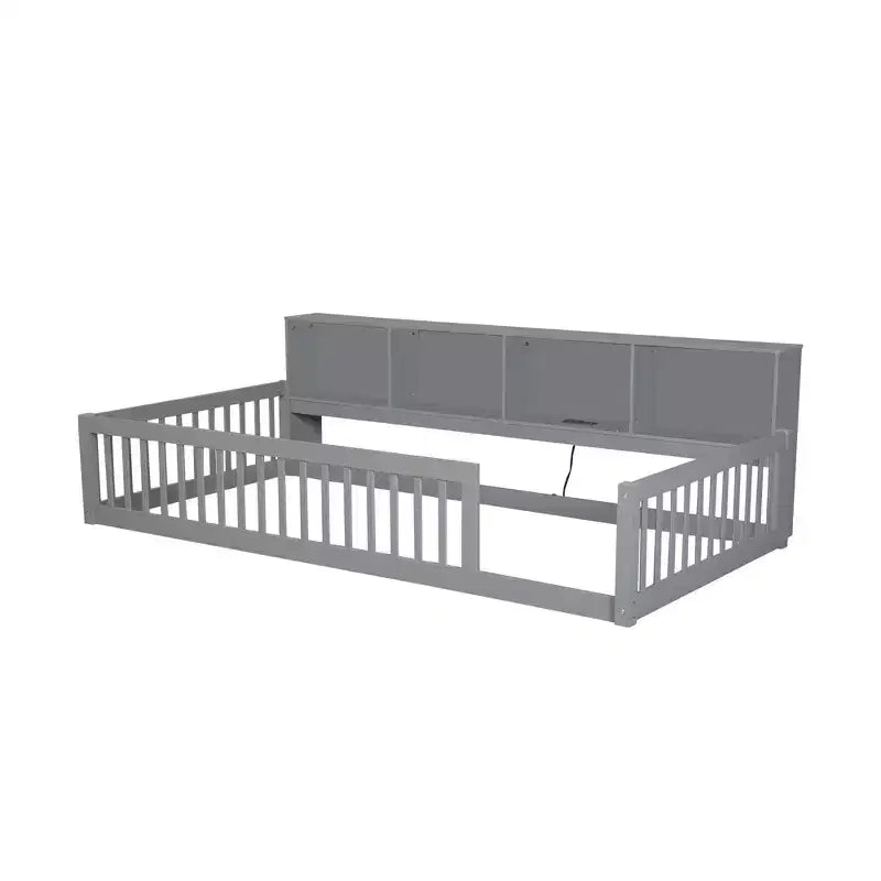 Okak Modern Twin Size Montessori Floor Beds with Storage Cabinets & USB Ports,Wooden Platform Bed for Kids Room,Bedroom