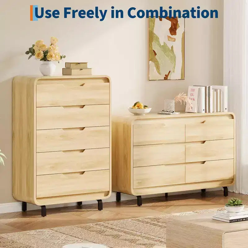 Commode à 5 tiroirs pour chambre à coucher, commode moderne haute de 122 cm en bois avec grand rangement en bois, commode pour salon, couloir, couleur naturelle