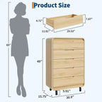Commode à 5 tiroirs pour chambre à coucher, commode moderne haute de 122 cm en bois avec grand rangement en bois, commode pour salon, couloir, couleur naturelle