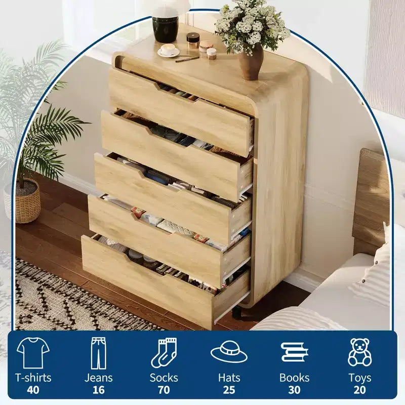 Commode à 5 tiroirs pour chambre à coucher, commode moderne haute de 122 cm en bois avec grand rangement en bois, commode pour salon, couloir, couleur naturelle