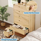 Commode à 5 tiroirs pour chambre à coucher, commode moderne haute de 122 cm en bois avec grand rangement en bois, commode pour salon, couloir, couleur naturelle