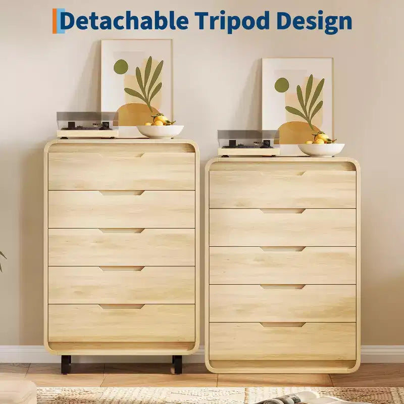Commode à 5 tiroirs pour chambre à coucher, commode moderne haute de 122 cm en bois avec grand rangement en bois, commode pour salon, couloir, couleur naturelle