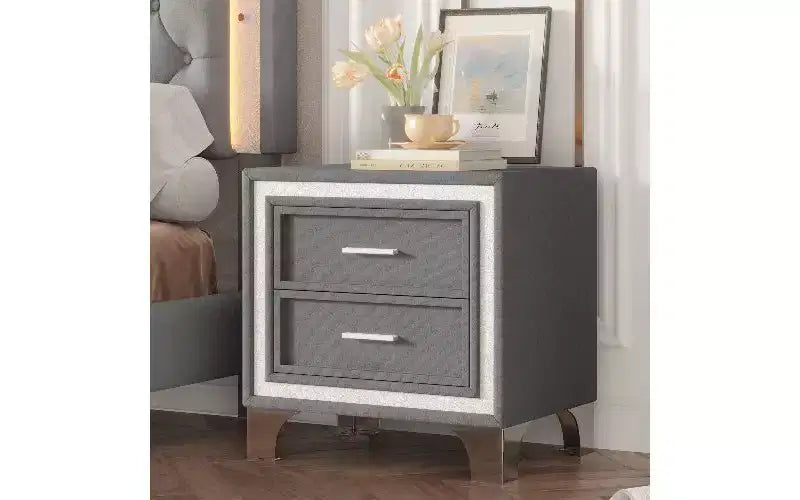 TUYOHW Table de Chevet 2 Tiroirs en Velours, Petite Table d'Appoint Rustique-Chic avec Bande Pailletée Argentée et Pieds en Métal, pour Chambre à Coucher