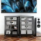 VIYET 36 Media Storage Cabinet with Wheels - 4 Adjustable Glass Shelves & Locking Door, Heavy-Duty Steel AV TV Stand for Living Room, Black