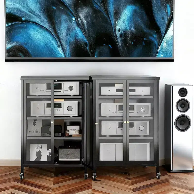 VIYET 36 Media Storage Cabinet with Wheels - 4 Adjustable Glass Shelves & Locking Door, Heavy-Duty Steel AV TV Stand for Living Room, Black