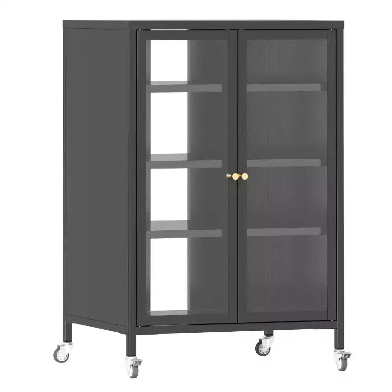 VIYET 36 Media Storage Cabinet with Wheels - 4 Adjustable Glass Shelves & Locking Door, Heavy-Duty Steel AV TV Stand for Living Room, Black