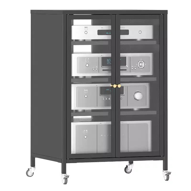 VIYET 36 Media Storage Cabinet with Wheels - 4 Adjustable Glass Shelves & Locking Door, Heavy-Duty Steel AV TV Stand for Living Room, Black