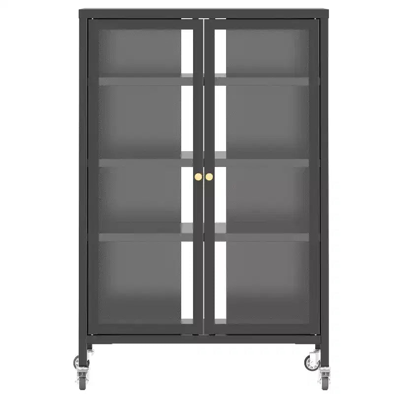 VIYET 36 Media Storage Cabinet with Wheels - 4 Adjustable Glass Shelves & Locking Door, Heavy-Duty Steel AV TV Stand for Living Room, Black