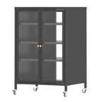 VIYET 36 Media Storage Cabinet with Wheels - 4 Adjustable Glass Shelves & Locking Door, Heavy-Duty Steel AV TV Stand for Living Room, Black
