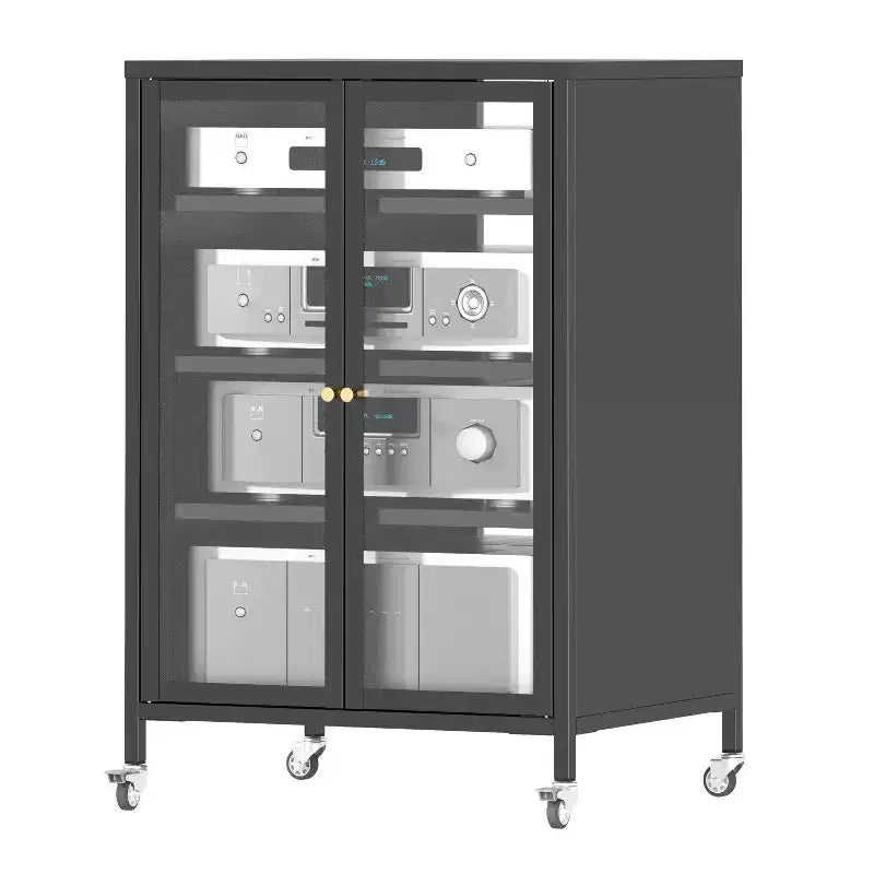 VIYET 36 Media Storage Cabinet with Wheels - 4 Adjustable Glass Shelves & Locking Door, Heavy-Duty Steel AV TV Stand for Living Room, Black