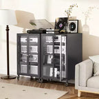 VIYET 36 Media Storage Cabinet with Wheels - 4 Adjustable Glass Shelves & Locking Door, Heavy-Duty Steel AV TV Stand for Living Room, Black