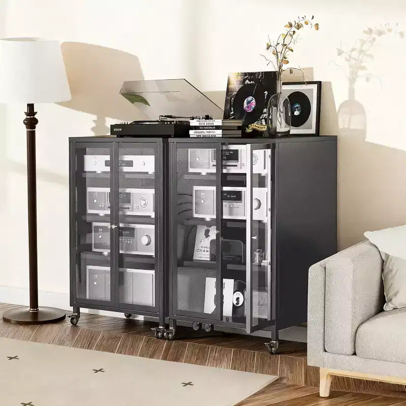 VIYET 36 Media Storage Cabinet with Wheels - 4 Adjustable Glass Shelves & Locking Door, Heavy-Duty Steel AV TV Stand for Living Room, Black
