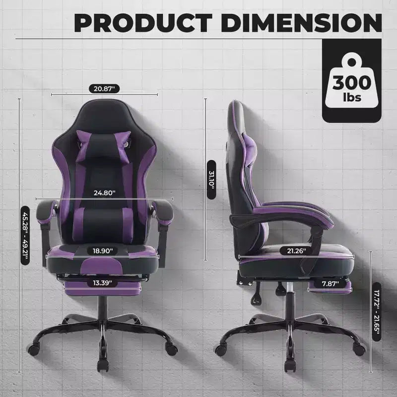 Chaise de jeu MAYEERTY, chaise d'ordinateur ergonomique avec repose-pieds et support lombaire massant, chaise de jeu vidéo pivotante réglable en hauteur Violet Noir