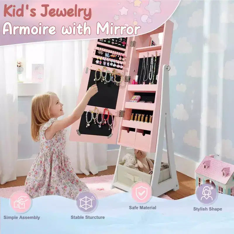 Meuble à bijoux Karl Home pour enfants en MDF rose avec miroir, 1 porte et 1 tiroir en tissu