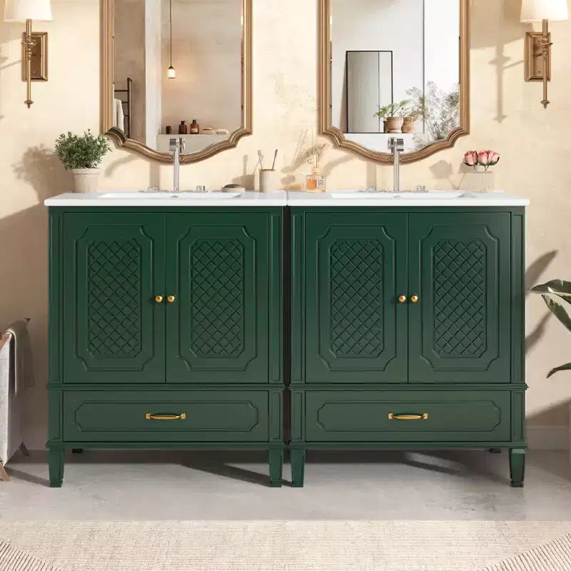Ensemble de meuble-lavabo de salle de bain en bois de 60 pouces avec double vasque, grand meuble de salle de bain autoportant avec tiroir