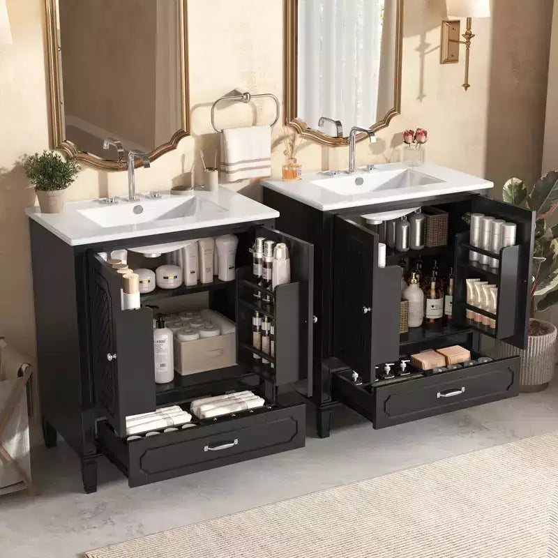 Ensemble de meuble-lavabo de salle de bain en bois de 60 pouces avec double vasque, grand meuble de salle de bain autoportant avec tiroir