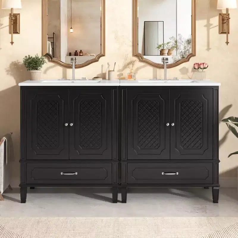 Ensemble de meuble-lavabo de salle de bain en bois de 60 pouces avec double vasque, grand meuble de salle de bain autoportant avec tiroir