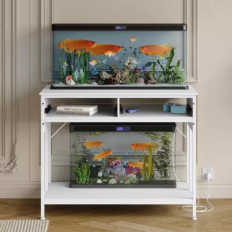 Meuble de support pour aquarium de 150 à 190 litres avec prises, 2 supports d'aquarium et de terrarium avec tiroirs de rangement, pieds réglables en hauteur, capacité de 300 kg, blanc