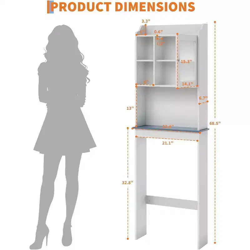 Over The Toilet Storage Cabinet with Adjustable Shelves & Tempered Glass Doors,Space Saving Freestanding Bathroom Organizer