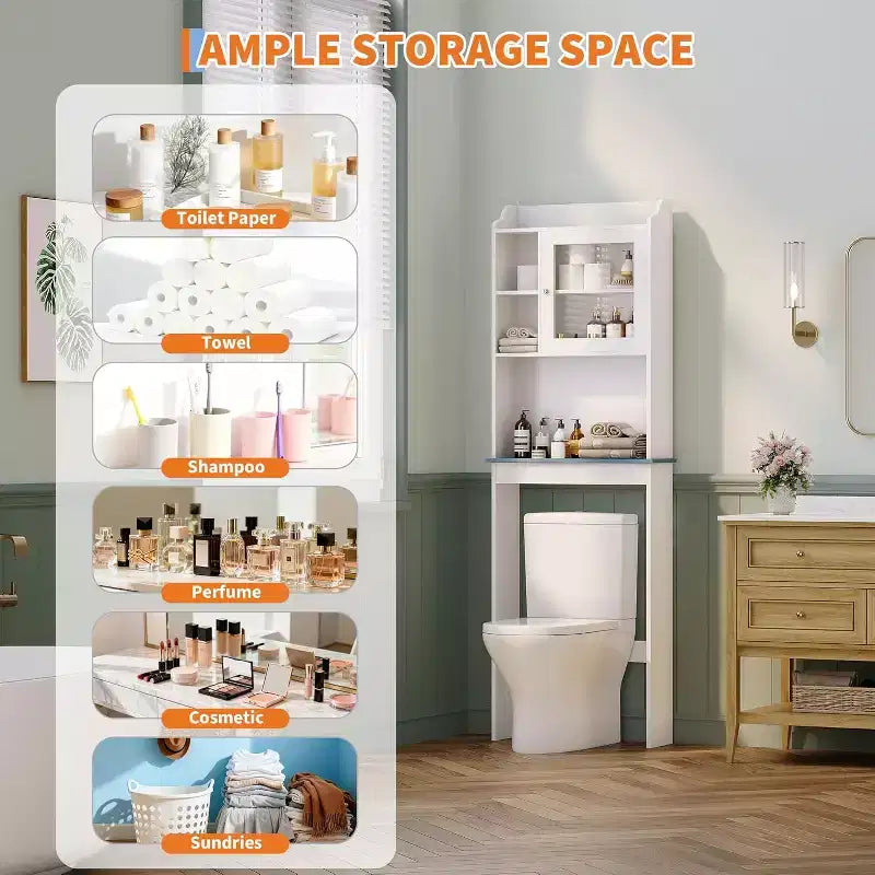 Over The Toilet Storage Cabinet with Adjustable Shelves & Tempered Glass Doors,Space Saving Freestanding Bathroom Organizer