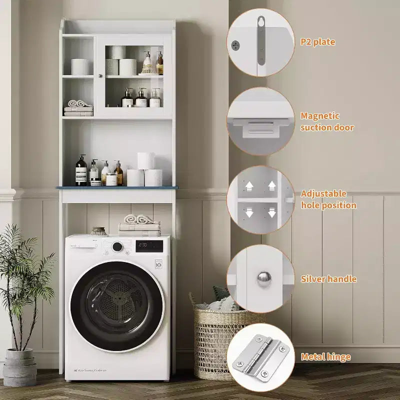 Over The Toilet Storage Cabinet with Adjustable Shelves & Tempered Glass Doors,Space Saving Freestanding Bathroom Organizer
