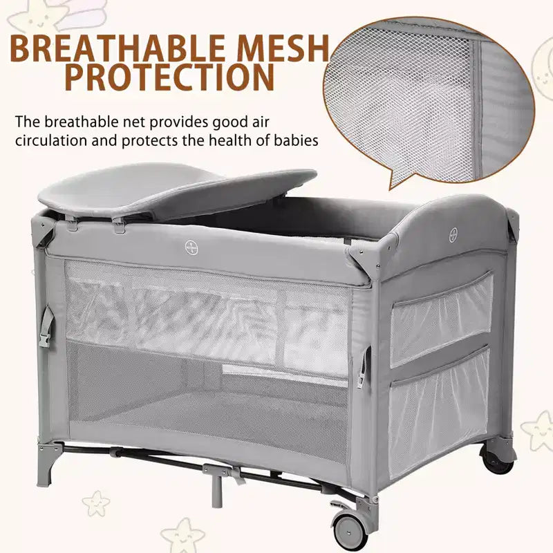 Acekool 5-in-1 Pack and Play Bedside Sleeper with Bassinet, Diaper Changer & Toy, Portable Crib Playard for Newborn to Toddler, Grey