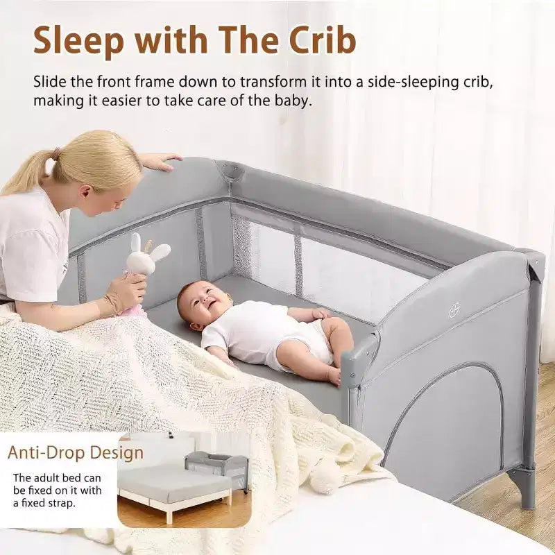 Acekool 5-in-1 Pack and Play Bedside Sleeper with Bassinet, Diaper Changer & Toy, Portable Crib Playard for Newborn to Toddler, Grey