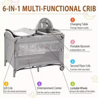 Acekool 5-in-1 Pack and Play Bedside Sleeper with Bassinet, Diaper Changer & Toy, Portable Crib Playard for Newborn to Toddler, Grey