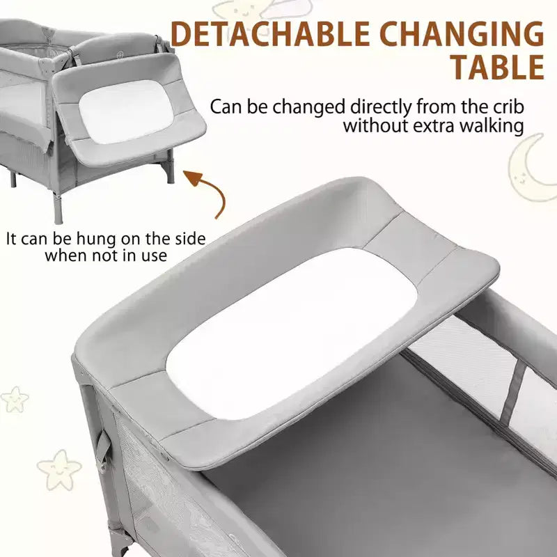 Acekool 5-in-1 Pack and Play Bedside Sleeper with Bassinet, Diaper Changer & Toy, Portable Crib Playard for Newborn to Toddler, Grey