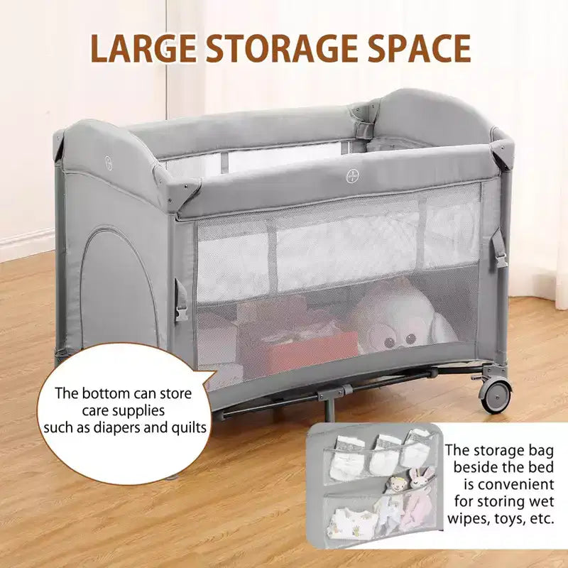 Acekool 5-in-1 Pack and Play Bedside Sleeper with Bassinet, Diaper Changer & Toy, Portable Crib Playard for Newborn to Toddler, Grey
